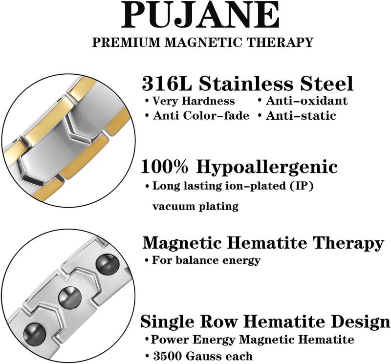 PUJANE Magnetic Hematite Bracelets for Men Women 316L Stainless Steel Power Balance Energy Magnets Stones Bracelet Jewelry Gift with Adjustment Tool - Image 3